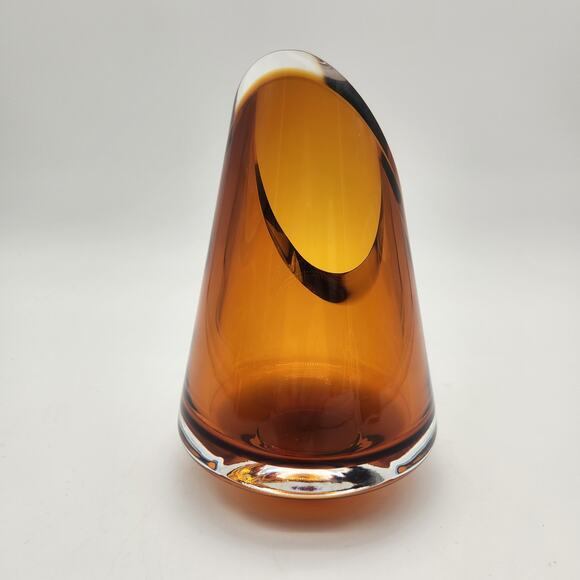 Badash Poland Amber & Clear Art Glass Vase/Candle Holder Handmade Diagonally Cut - Picture 1 of 12